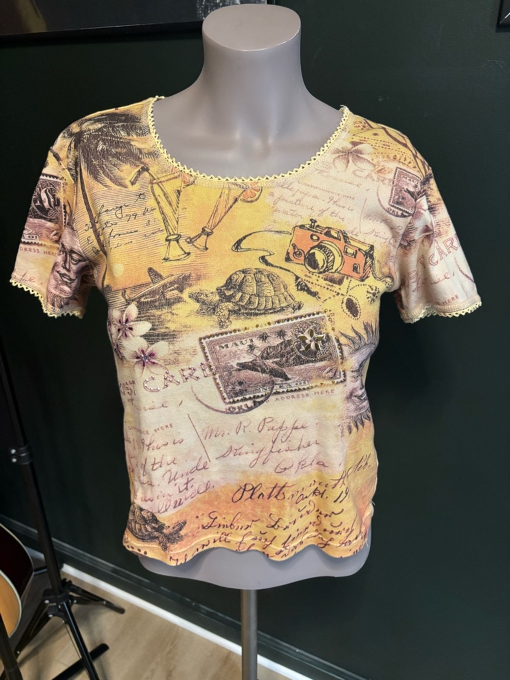 Yellow Vintage Print Short Sleeve Women’s Top cottage core whimsigoth